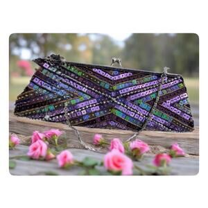 PURPLE SEQUIN CLUTCH Vintage Iridescent handbag Kiss Lock Chain Strap (81)
